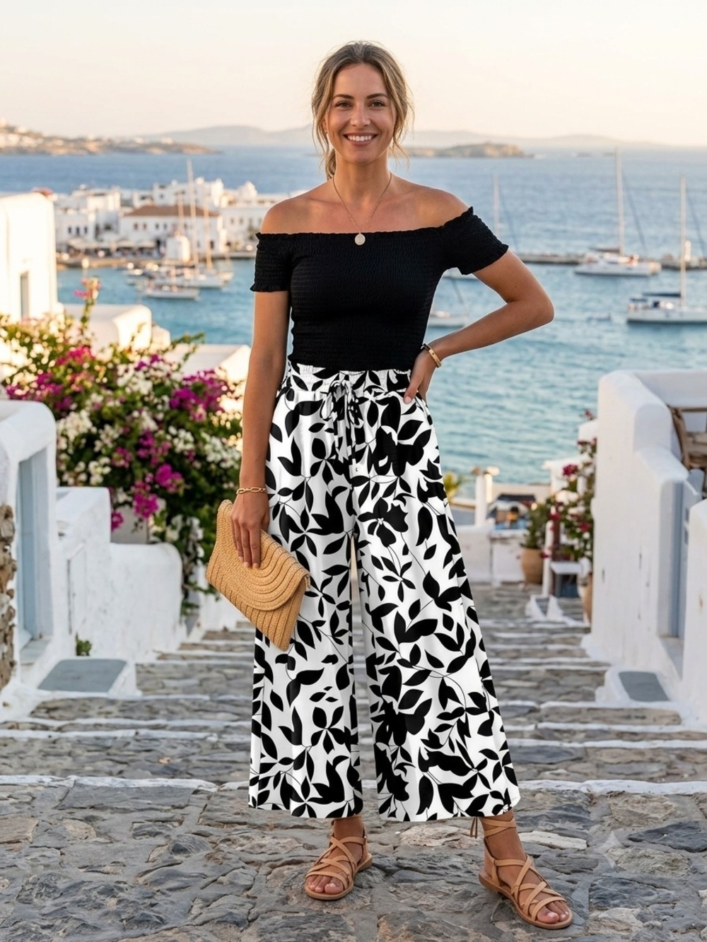 Bestbee Black & White Floral Wide-Leg Flowy Pants Size Large